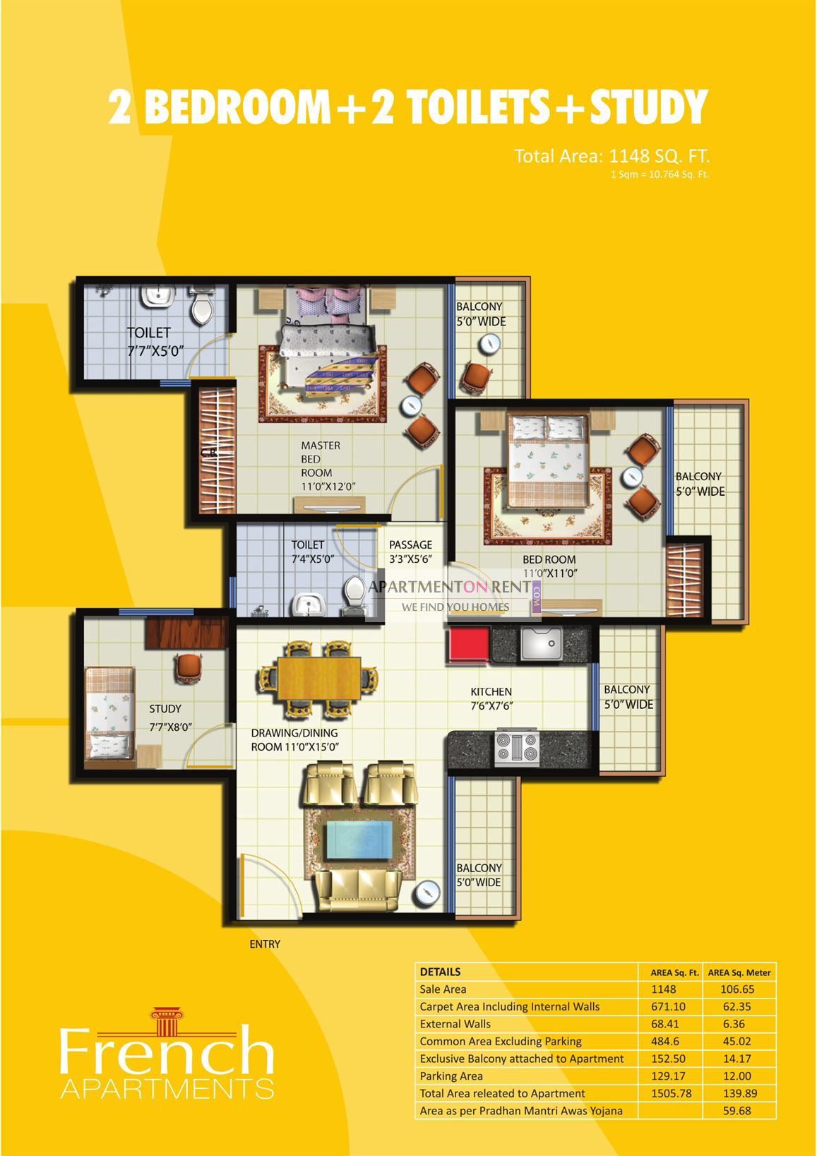 french apartments 2bhk 1148 sq.ft