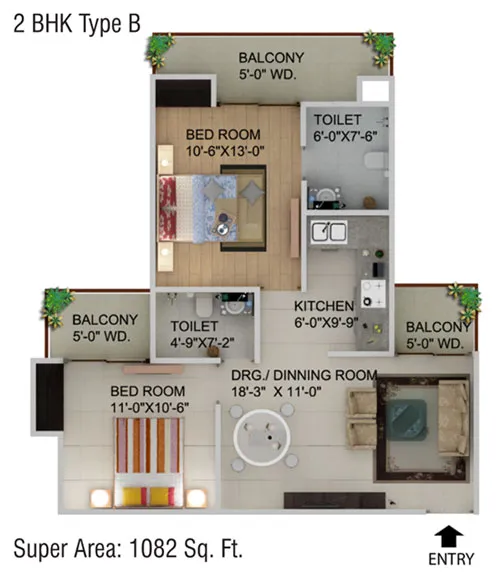 Supertech Capetown 2 BHK Floor Plan - 1082 SqFt