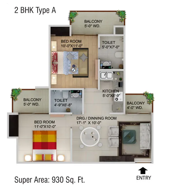 Supertech Capetown 2 BHK Floor Plan - 930 SqFt