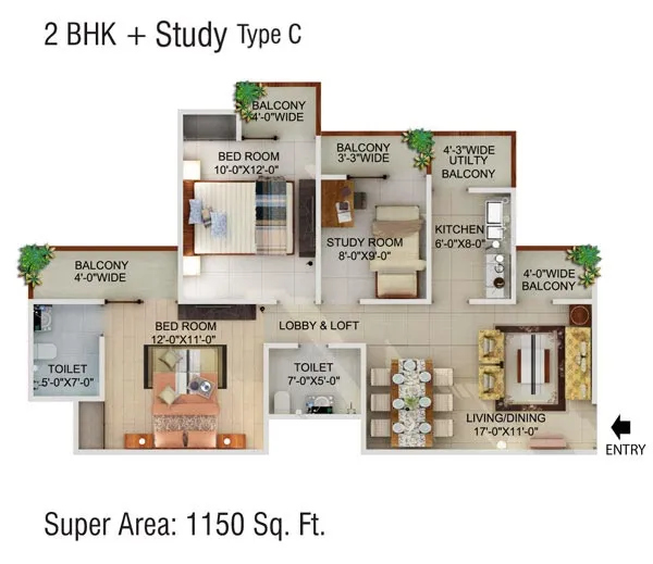 Supertech Capetown 2 BHK Floor Plan - 1150 SqFt