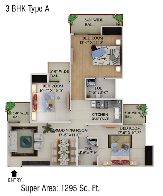 Supertech Capetown 3 BHK Floor Plan - 1295 SqFt