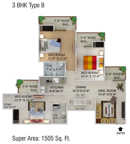 Supertech Capetown 3 BHK Floor Plan - 1505 SqFt