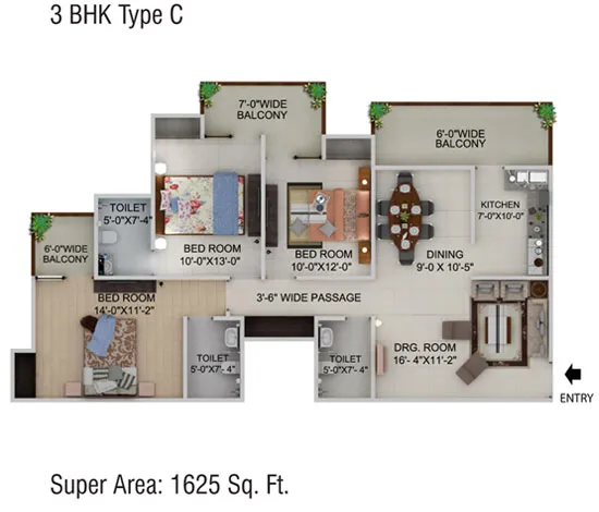 Supertech Capetown 3 BHK Floor Plan - 1625 SqFt