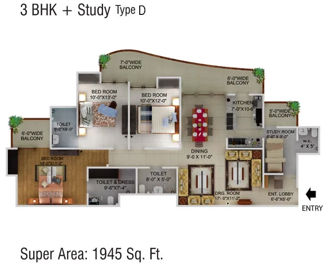 Supertech Capetown 3 BHK Floor Plan - 1945 SqFt