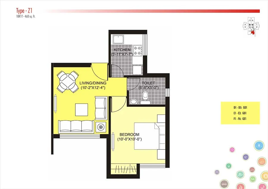 Unitech Unihomes 1 BHK Floor Plan - 460 SqFt