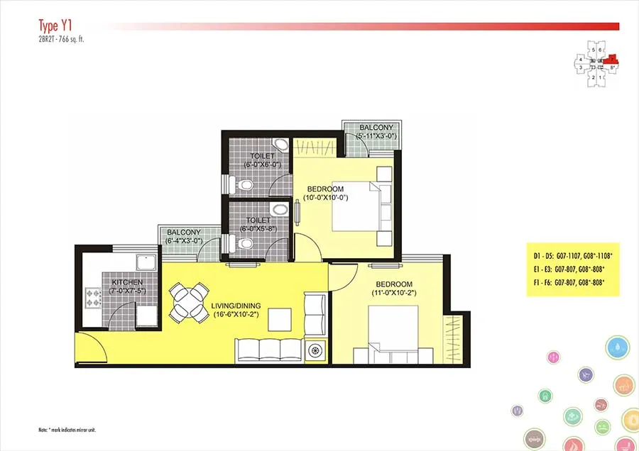 Unitech Unihomes 2 BHK Floor Plan - 766 SqFt