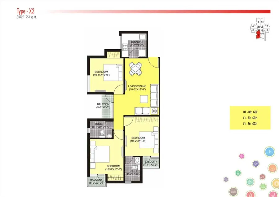Unitech Unihomes 3 BHK Floor Plan - 951 SqFt