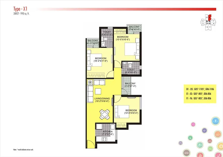 Unitech Unihomes 3 BHK Floor Plan - 990 SqFt